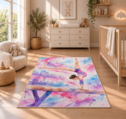 Watercolor Gymnast Rug in a nursery beside a crib and dresser