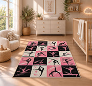 Gymnastics Poses Grid Rug in a nursery beside a crib and dresser