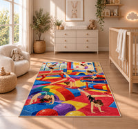 Kids Gymnastics Gym Rug in a nursery beside a crib and dresser