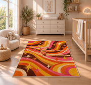 Retro Gymnastics Rug in a nursery beside a crib and dresser