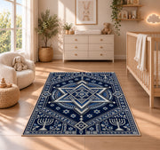 Star of David Medallion Rug in a nursery beside a crib and dresser