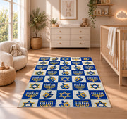 Checkered Hanukkah Rug in a nursery beside a crib and dresser