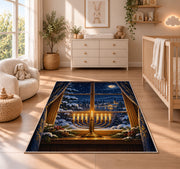 Menorah Window Rug in a nursery beside a crib and dresser