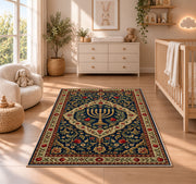 Persian Style Menorah Rug in a nursery beside a crib and dresser