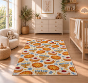 Sufganiyot and Latke Rug in a nursery beside a crib and dresser