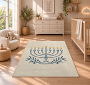 Minimalist Menorah Line Art Rug in a nursery beside a crib and dresser