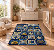 Hanukkah Patchwork Rug in a nursery beside a crib and dresser