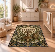 Antique Brass Menorah Rug in a nursery beside a crib and dresser