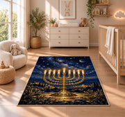 Menorah Starry Night Rug in a nursery beside a crib and dresser