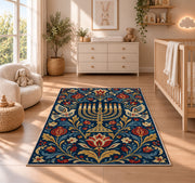 Folk Art Menorah Rug in a nursery beside a crib and dresser