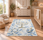Watercolor Hanukkah Rug in a nursery beside a crib and dresser