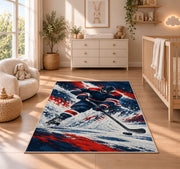 Hockey Player Ice Spray rug in a nursery beside a crib and dresser