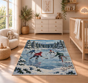 Pond Hockey in the Pines rug in a nursery beside a crib and dresser