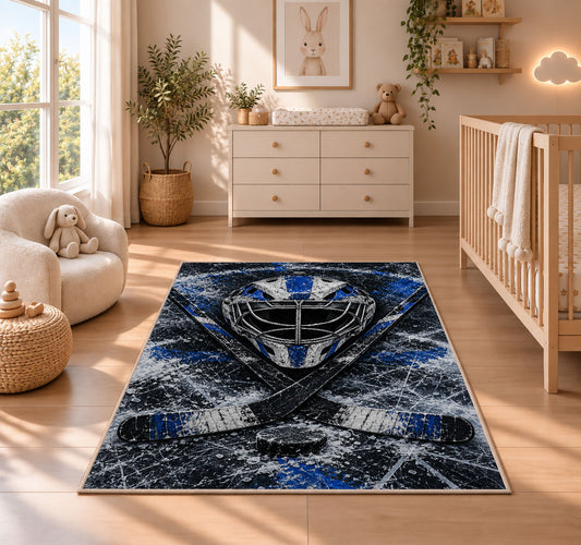 Goalie Mask Crossed Sticks rug in a nursery beside a crib and dresser