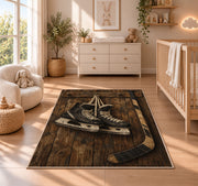 Hockey Skates on Barn Wood rug in a nursery beside a crib and dresser