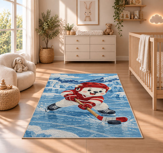 Polar Bear Hockey Player rug in a nursery beside a crib and dresser