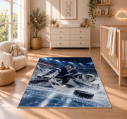 Goalie Making the Save rug in a nursery beside a crib and dresser