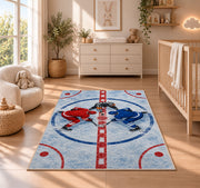 Faceoff at Center Ice rug in a nursery beside a crib and dresser