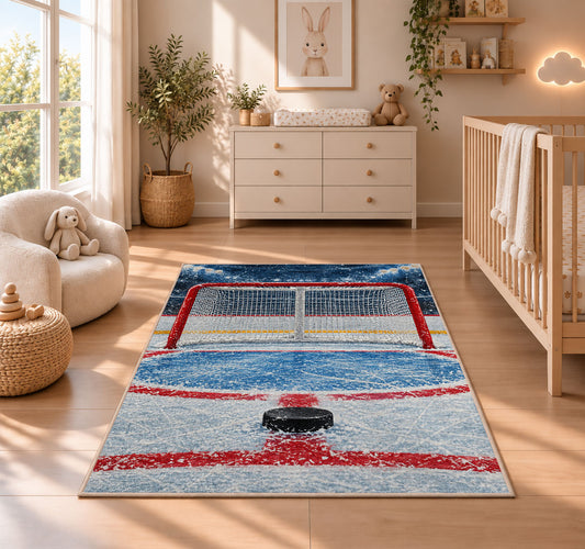 Hockey Goal Front View rug in a nursery beside a crib and dresser