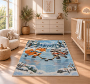 Fox and Raccoon Hockey rug in a nursery beside a crib and dresser
