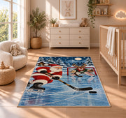 Santa Plays Hockey rug in a nursery beside a crib and dresser