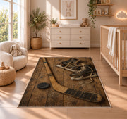 Vintage Hockey Stick and Skates rug in a nursery beside a crib and dresser