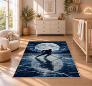 Hockey Player Under the Moon rug in a nursery beside a crib and dresser