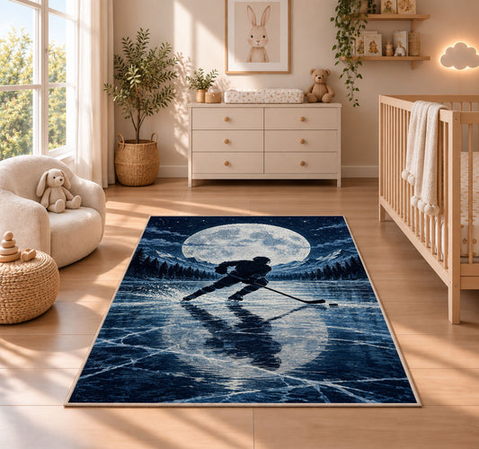 Hockey Player Under the Moon rug in a nursery beside a crib and dresser