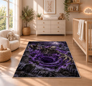 A grinning skeletal creature reaching from a violet vortex above a dark cemetery rug in a nursery with a wooden floor