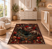 A sinister clown above a swirling pit surrounded by red balloons and carnival details rug in a nursery with a wooden floor