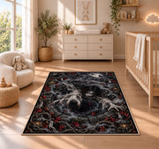 A long-haired ghost above a dark spiral with skulls, cobwebs, and ornate borders rug in a nursery with a wooden floor