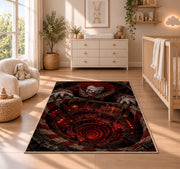 A sinister red-haired clown reaching over a glowing red spiral abyss rug in a nursery with a wooden floor
