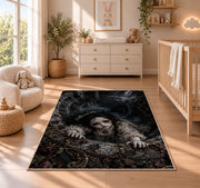A dark-haired antique doll climbing over a deep circular stone shaft rug in a nursery with a wooden floor