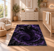 A screaming hooded specter hovering above a purple swirling abyss rug in a nursery with a wooden floor
