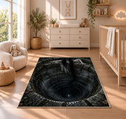 A long-haired ghost leaning over a deep stone well beneath tangled branches rug in a nursery with a wooden floor