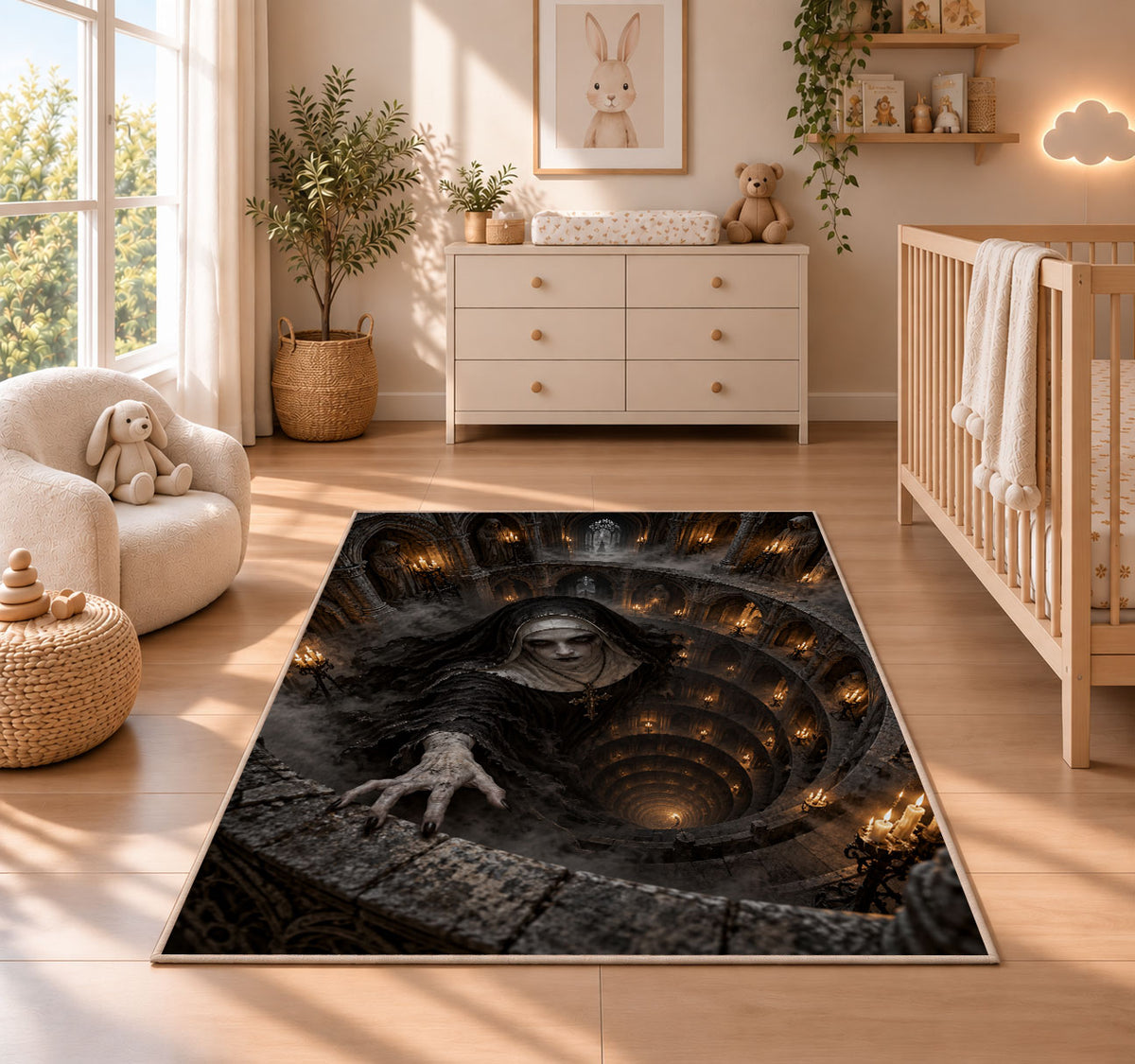 A pale hooded figure emerging from a candlelit spiral stone chamber rug in a nursery with a wooden floor