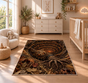 A ragged scarecrow with glowing eyes rising beside an autumn-leaf spiral rug in a nursery with a wooden floor