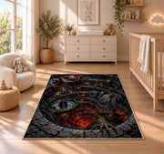 A gathering of eerie creatures surrounding a glowing red spiral pit rug in a nursery with a wooden floor