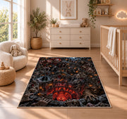 An ensemble of sinister figures framing a fiery descending castle abyss rug in a nursery with a wooden floor