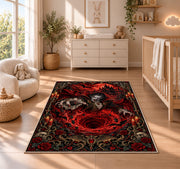 Gothic vampire red vortex area rug in a nursery with a wooden floor