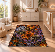 Skeleton and jack-o'-lantern graveyard vortex area rug in a nursery with a wooden floor
