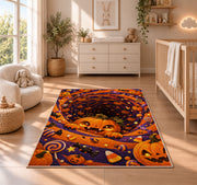 Cute pumpkin and candy spiral area rug in a nursery with a wooden floor