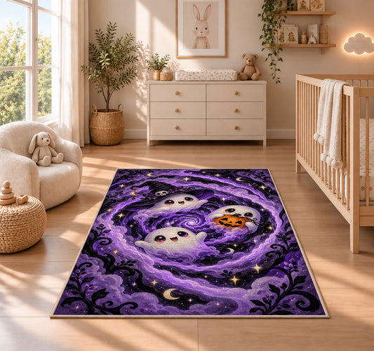 Cute ghost purple swirl area rug in a nursery with a wooden floor