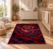 Cute bat red velvet vortex area rug in a nursery with a wooden floor
