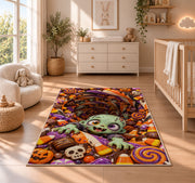 Cute zombie candy vortex area rug in a nursery with a wooden floor