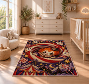 Creepy circus clown spiral area rug in a nursery with a wooden floor
