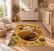 Cute mummy Egyptian tomb area rug in a nursery with a wooden floor