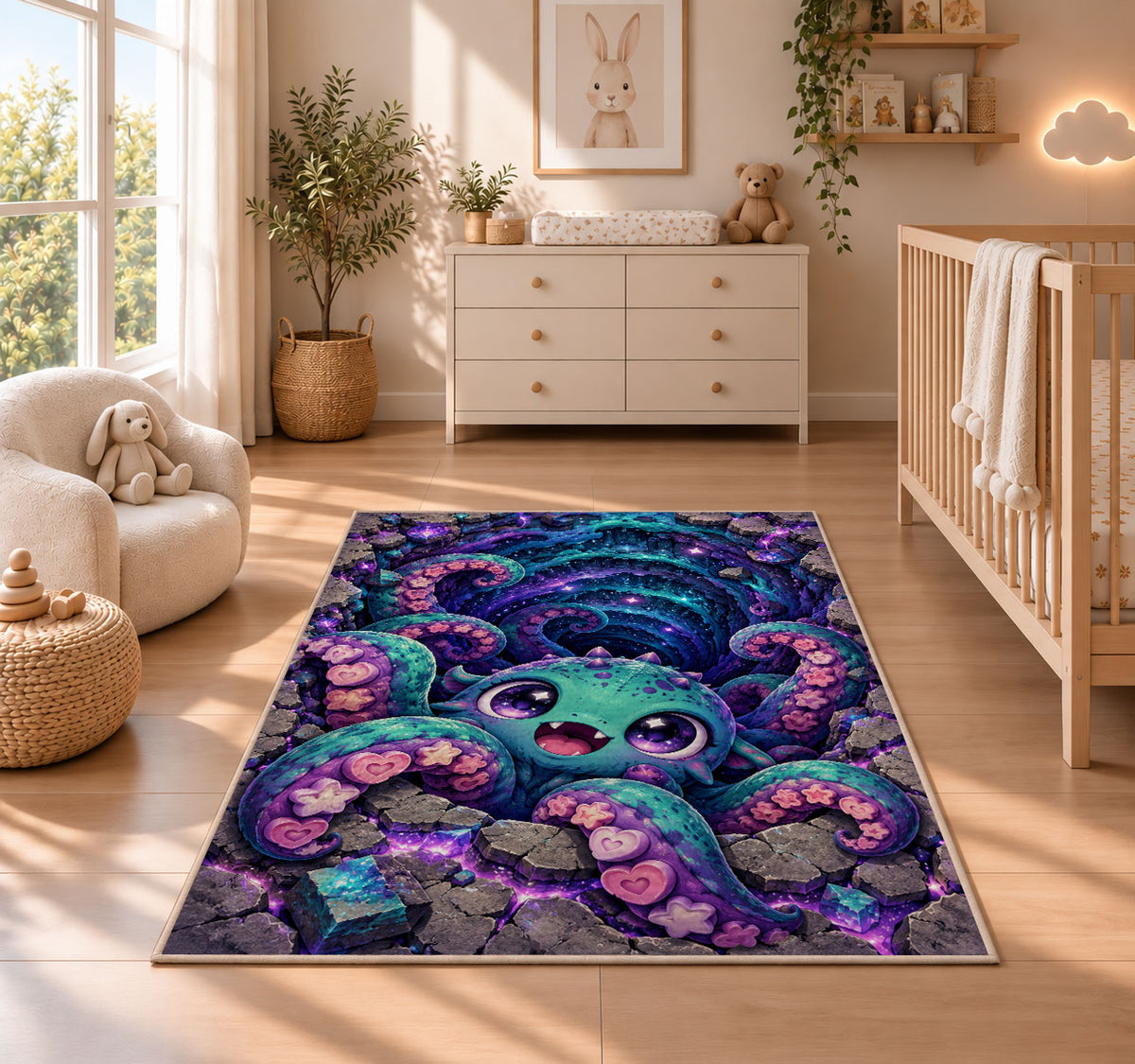 Cute octopus cosmic vortex area rug in a nursery with a wooden floor