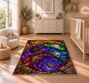 Neon underworld cave vortex area rug in a nursery with a wooden floor