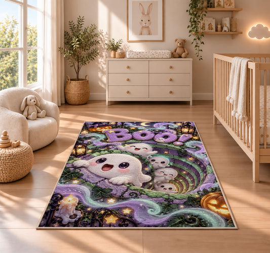 Cute Boo ghost well area rug in a nursery with a wooden floor
